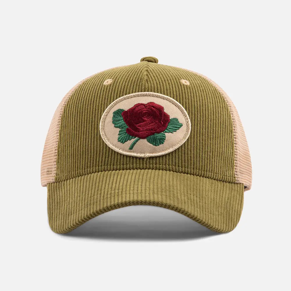 OliveGreenEcoEmbroideredRoseDadCaps_frontside